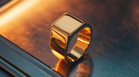 A stunning gold ring shines brilliantly on a textured surface, showcasing its modern design and luxurious appeal, perfect for fashion enthusiasts and decorators.の素材