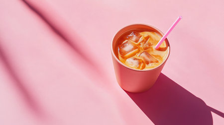 A bright pink cup filled with refreshing iced drink and ice cubes sits on a pink surface, showcasing a perfect summer beverage for relaxation and enjoyment.の素材
