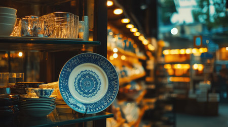This image features a beautiful blue and white decorative plate displayed in a cozy shop. The warm lighting and elegant surroundings create an inviting atmosphere.の素材