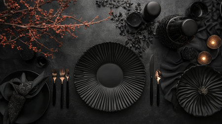 A stunning black table setting featuring textured plates and elegant cutlery, complemented by decorative accents and soft lighting for a chic dining experience.の素材