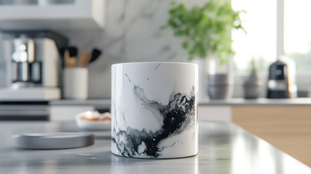 This image features a stylish black and white marble coffee mug placed on a modern kitchen counter. Perfect for showcasing contemporary home decor and kitchenware aesthetics.の素材