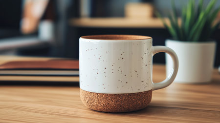 A stylish ceramic mug featuring a unique cork base, set on a wooden surface. Perfect for showcasing a cozy beverage environment in modern interiors.の素材