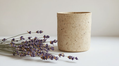 A natural stone pot holds delicate dried lavender, creating a serene arrangement perfect for minimalistic home decor. Ideal for enhancing tranquility.の素材