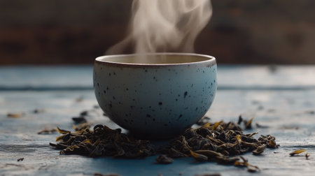 A steaming cup of herbal tea sits elegantly on a rustic wooden table. Surrounding the cup are dried tea leaves, evoking a sense of warmth and relaxation.の素材