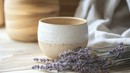 A rustic ceramic bowl sits on a wooden table, accompanied by fragrant lavender flowers and soft cloth. Perfect for home decor and still life arrangements.の素材