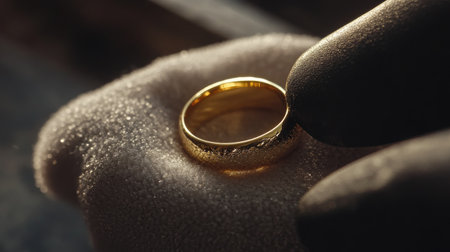 A stunning close-up of a gold ring held gently, showcasing its intricate design and shine. The soft background enhances the ring's luxurious appeal.の素材