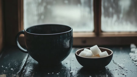 A cozy winter scene featuring a black mug and sugar cubes on a rustic wooden table. Natural light streams through a window, enhancing warmth and comfort.の素材