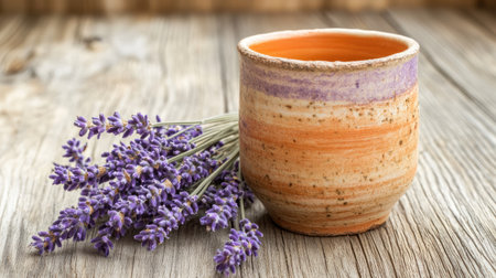 A rustic clay pot sits beside a beautiful bundle of lavender flowers on a wooden table surface, creating a serene and natural atmosphere ideal for home decor.の素材