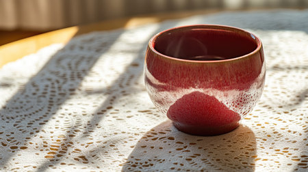 A serene scene featuring a steaming cup of tea in a vibrant red bowl, resting on a delicate lace tablecloth. Gentle shadows and warm light create a cozy atmosphere.の素材