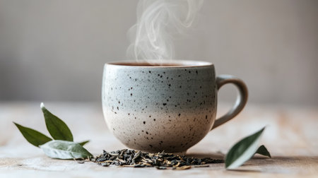 A steaming cup of herbal tea sits gracefully on a wooden table, surrounded by fresh leaves and spices, creating a calming and inviting atmosphere.の素材
