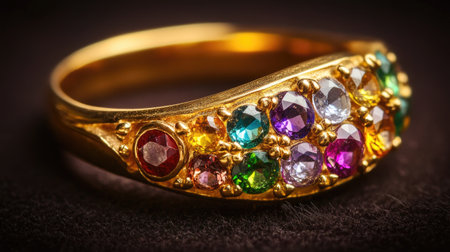 This elegant vintage ring features a stunning array of colorful gemstones set in a beautiful gold band. Ideal for fashion and jewelry enthusiasts.の素材