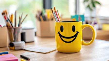 A cheerful yellow mug featuring a smiley face sits on a wooden desk, holding colorful pens. This vibrant scene evokes joy and creativity in any workspace.の素材