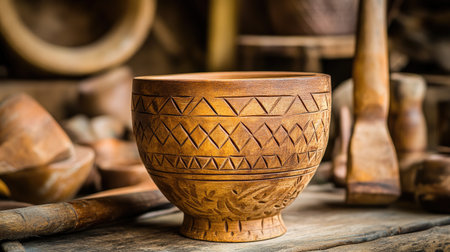 This image showcases a handcrafted wooden bowl with intricate carvings, set on a rustic table. The warm tones and artisanal details highlight traditional craftsmanship.の素材