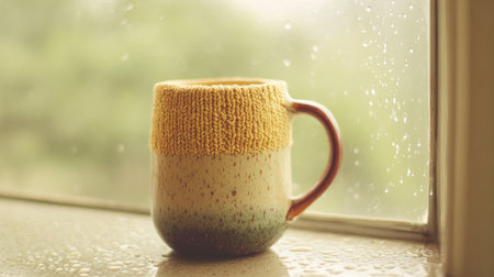 A cozy ceramic mug with a knitted sleeve sits on a rainy window ledge, creating a warm and inviting atmosphere. Ideal for autumn and winter themes.の素材