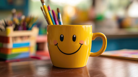 Cheerful yellow smile mug filled with colorful pens on a wooden table, creating a vibrant and lively atmosphere perfect for enhancing any workspace or creative space.の素材