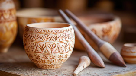 Handcrafted bowl showcasing exquisite carved designs, surrounded by tools of the trade. Perfect for illustrating artisanal craftsmanship and creativity.の素材