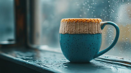 A cozy blue mug with a knitted sleeve sits on a rainy window sill, perfect for hot beverages. Emphasizing warmth and comfort, this still-life photo captures a serene moment.の素材