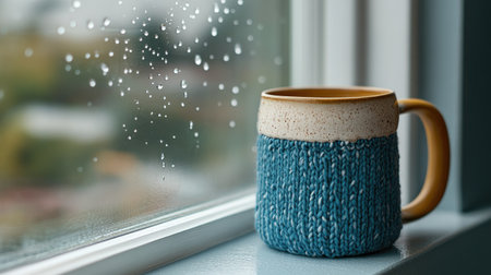 A cozy ceramic mug rests on a windowsill, capturing a serene moment with rain drops sliding down the glass pane, evoking warmth and comfort.の素材