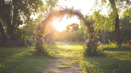 A beautiful floral archway stands at the end of a sunlit path in a serene garden, surrounded by lush greenery and vibrant blooms, creating an inviting atmosphere.の素材