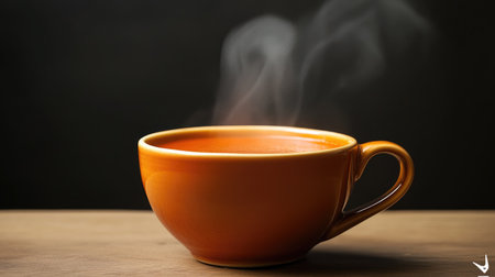 A steaming cup of coffee sits on a rustic wooden table, exuding warmth and comfort. The brown ceramic mug enhances the inviting atmosphere of the scene.の素材