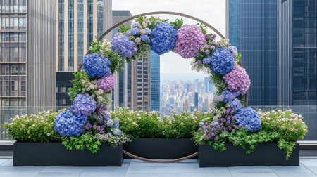 A vibrant floral arch adorned with blue and purple blooms creates a stunning focal point against a modern city skyline. Perfect for events or exhibitions.の素材