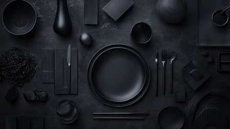 Discover a stunning flat lay of an elegant black table setting featuring various tableware, utensils, and decorative elements. Ideal for modern decor inspiration.の素材