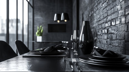 A stylish modern dining room showcasing a dark aesthetic with elegant decor. The setup features a sleek table, unique glassware, and a brick wall that enhances the ambiance.の素材