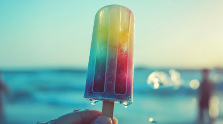 A vibrant rainbow ice pop held against a beach backdrop during sunset, capturing the essence of summer enjoyment and refreshing treats by the ocean.の素材