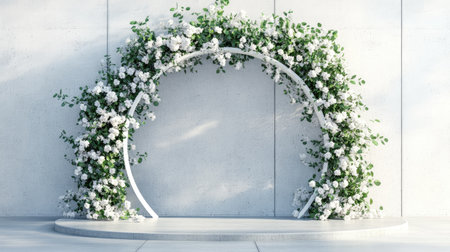 This elegant floral arch adorned with fresh white roses creates a stunning backdrop for any wedding or event. The minimalist wall enhances the beauty of the arrangement.の素材