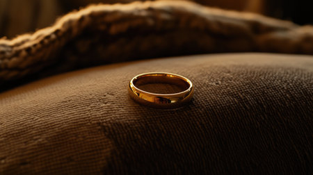 A stunning gold ring rests elegantly on soft fabric, illuminated by natural light. The image captures the warmth and simplicity of this timeless piece of jewelry.の素材