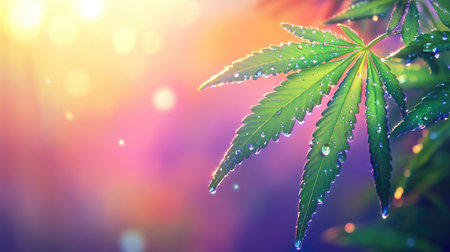 A close-up of a dewy cannabis leaf glistening with water droplets. The vibrant colors and soft bokeh background create a serene atmosphere, ideal for nature-themed projects.の素材