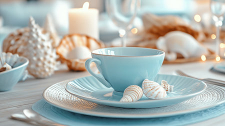 Discover a serene beach-themed table setting featuring a soft blue cup, delicate seashells, and an inviting ambiance, perfect for any coastal dining experience.の素材