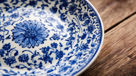 A beautiful blue and white porcelain bowl featuring delicate floral patterns, perfect for showcasing your culinary creations or as a decorative piece.の素材
