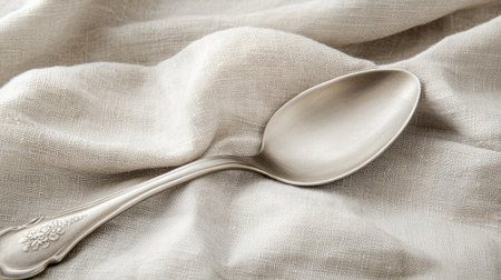 A stunning silver spoon rests gracefully on soft linen fabric, showcasing exquisite textures and elegant design. Perfect for culinary-themed projects.の素材