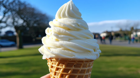 A charming ice cream cone features creamy vanilla ice cream, set against a beautiful blue sky. Perfect for evoking summer enjoyment and outdoor fun.の素材