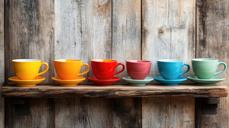 A charming display of colorful coffee cups resting on a rustic wooden shelf. The vibrant hues contrast beautifully with the weathered background, creating an inviting atmosphere ideal for kitchen decor or lifestyle themes.の素材