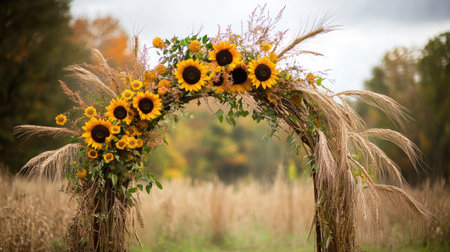 A stunning archway adorned with vibrant sunflowers set against a backdrop of golden autumn fields, creating a beautiful and tranquil outdoor scene perfect for events.の素材