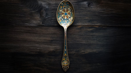 A stunning vintage spoon featuring a delicate floral design, lying elegantly on a dark wooden surface. Perfect for showcasing craftsmanship and beauty.の素材