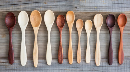 A collection of wooden spoons showcasing various sizes and colors, arranged neatly on a rustic wooden table. Perfect for kitchen decor or cooking.の素材