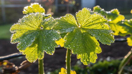 This stunning close-up captures fresh green leaves glistening with dew drops in the morning sunlight. The vibrant colors and shimmering details evoke a sense of tranquility and renewal in nature.の素材