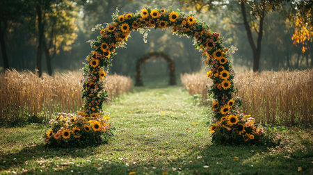 A stunning pathway framed by beautiful sunflower arches in a lush green setting, creating a perfect ambiance for outdoor celebrations and memorable events.の素材