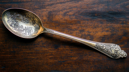 Elegant vintage decorative spoon showcases intricate floral engraving on its bowl, perfect for adding character to any dining table or kitchen display.の素材