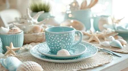 A beautifully arranged coastal dining setup featuring a pastel blue cup, plate, and decorative seashells. Perfect for evoking a serene summer atmosphere.の素材