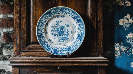 A beautiful vintage blue and white decorative plate displayed on a wooden shelf. This piece showcases intricate floral patterns that enhance interior aesthetics.の素材