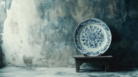 This image features a stunning antique ceramic plate with a blue floral design set against a textured wall, creating a rustic and elegant atmosphere perfect for decor inspiration.の素材