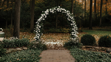 A picturesque garden pathway leads through a floral arch adorned with white flowers, surrounded by vibrant autumn foliage. A serene outdoor setting perfect for celebrations.の素材