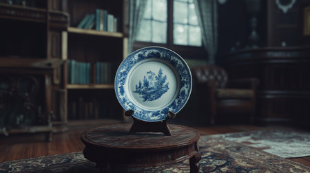 This image features an elegant porcelain plate with intricate blue and white designs, beautifully displayed in a cozy vintage library, capturing a timeless atmosphere.の素材