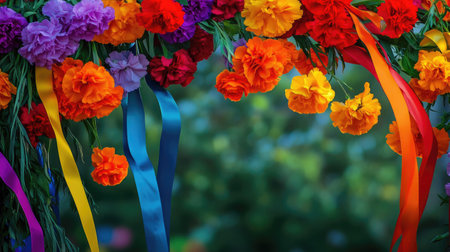 A stunning floral archway adorned with vibrant marigolds and colorful ribbons. Perfect for celebrations, festivals, and outdoor events, showcasing natural beauty.の素材