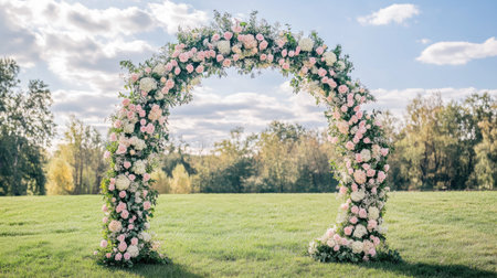 A stunning floral archway featuring pastel roses adorned with lush greenery, perfect for outdoor wedding ceremonies and special events in nature.の素材