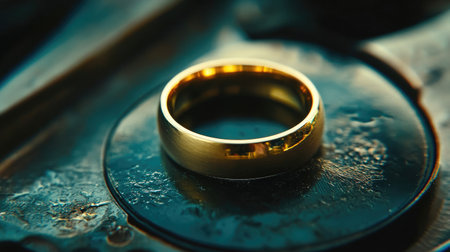 A stunning gold ring rests on a dark vintage surface, reflecting light beautifully. This close-up shot captures the elegance and detail of this precious jewelry piece.の素材